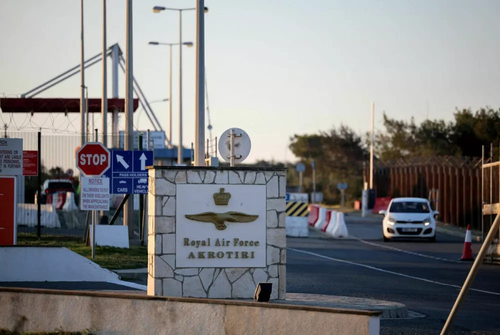 The entrance of RAF Akrotiri, a British sovereign base in Cyprus, which was hit by an unmanned drone overnight, causing limited damage, Cyprus March 2, 2026. REUTERS/Yiannis Kourtoglou