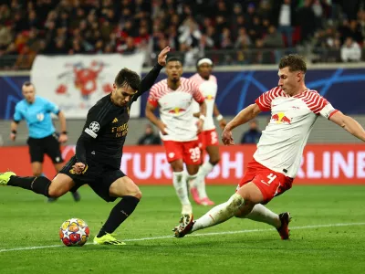 Soccer Football - Champions League - Round of 16 - First Leg - RB Leipzig v Real Madrid - Red Bull Arena, Leipzig, Germany - February 13, 2024 Real Madrid's Brahim Diaz shoots at goal REUTERS/Lisi Niesner
