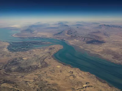 FILE PHOTO: An aerial view of the island of Qeshm, separated from the Iranian mainland by the Clarence Strait, in the Strait of Hormuz, December 10, 2023. REUTERS/Stringer/File Photo