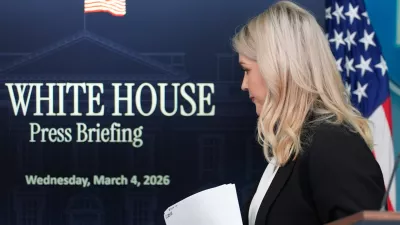 White House press secretary Karoline Leavitt departs after speaking with reporters in the James Brady Press Briefing Room at the White House, Wednesday, March 4, 2026, in Washington. (AP Photo/Alex Brandon)