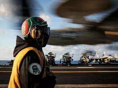 A sailor observes the landing of an E-2D Hawkeye on the aircraft carrier USS Gerald R. Ford while operating in support of the Operation Epic Fury attack on Iran in the eastern Mediterranean Sea, March 2, 2026. U.S. Navy/Handout via REUTERS THIS IMAGE HAS BEEN SUPPLIED BY A THIRD PARTY  TY