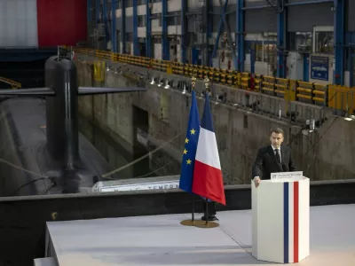 French President Emmanuel Macron during his speech at the Nuclear submarines Navy base of Ile Longue in Crozon, near Brest, France, 02 March 2026.//04SIPA_1.000532/Credit:Eliot Blondet -POOL/SIPA/2603022153,Image: 1079634962, License: Rights-managed, Restrictions:, Model Release: no