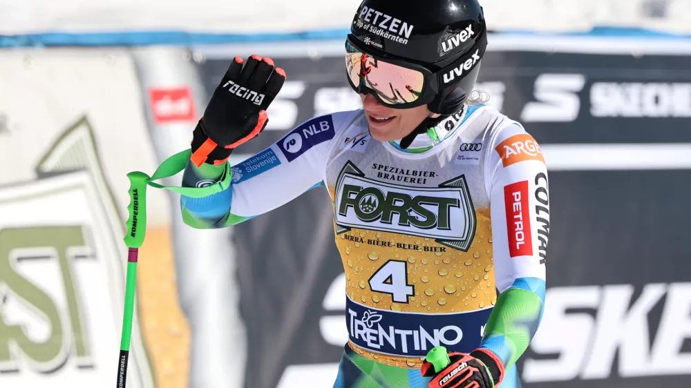 Slovenia's Ilka Stuhec at the finish area of an alpine ski, women's World Cup downhill, in Val di Fassa, Italy, Saturday, March 7, 2026. (AP Photo/Marco Trovati)