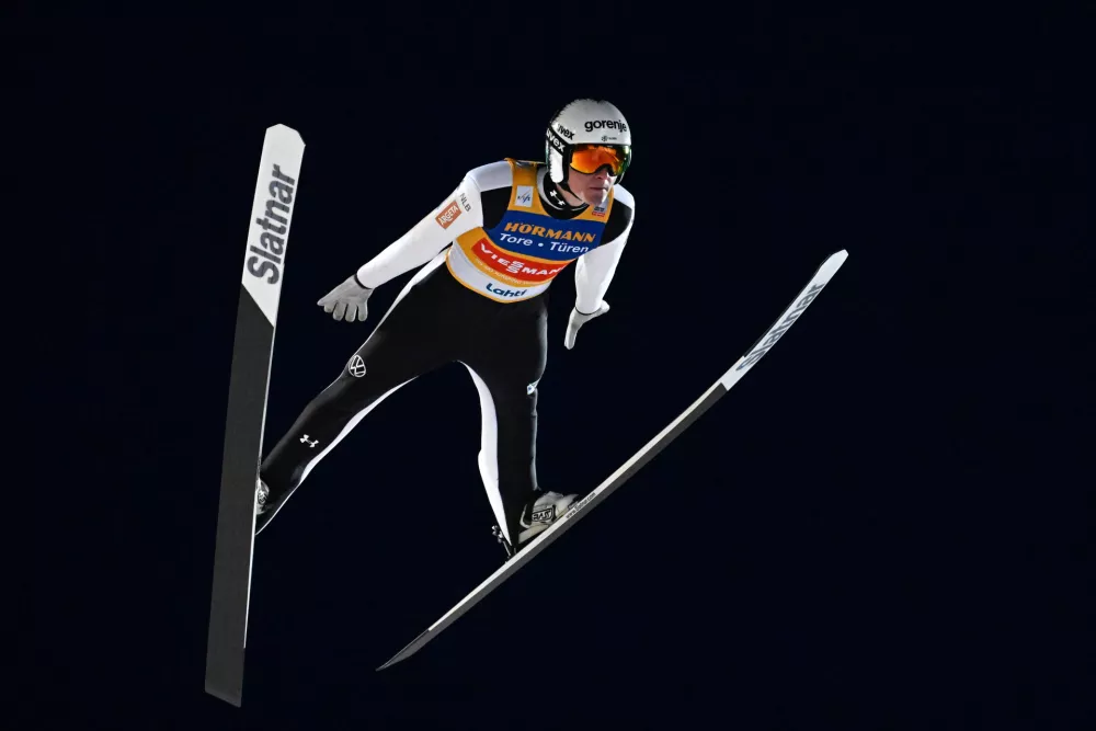 Domen Prevc of Slovenia competes during the men's ski jumping Large Hill HS130 competition at the FIS Nordic World Cup Lahti Ski Games in Lahti, Finland, Saturday March 7, 2026. (Emmi Korhonen/Lehtikuva via AP)
