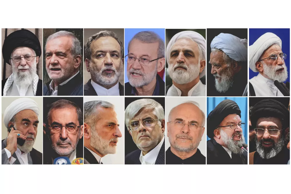 FILE - This combo of file photos show Iran's key political and religious figures, top row, from left, Supreme Leader Ayatollah Ali Khamenei, President Masoud Pezeshkian, Foreign Minister Abbas Araghchi, Khamenei Adviser on Public Policy Ali Larijani, Chief Justice Gholam Hossein Mohseni Ejehi, Head of Assembly Experts Mohammad-Ali Movahedi Kermani and Secretary of Guardian Council Ahmad Jannati, bottom row, from left, Khamenei's Chief of Staff Mohammad Golpayegani, Khamenei Adviser on International Affairs Ali Akbar Velayati, Khamenei Adviser on Foreign Policy Kamal Kharazi, First Vice President Mohammad Reza Aref, Parliament Speaker Mohammad Bagher Ghalibaf, Tehran Friday Prayer Imam Ahmad Khatami and Son of Supreme Leader Mojtaba Khamenei. (AP Photo/File)