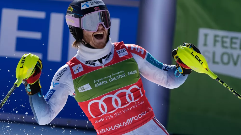 Norway's Atle Lie McGrath celebrates winning an alpine ski, men's World Cup slalom, in Kranjska Gora, Slovenia, Sunday, March 8, 2026. (AP Photo/Giovanni Auletta)