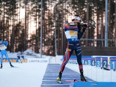 Sturla Holm Laegreid of Norway competes during the Men's 4x7.5 km Relay competition of the IBU Biathlon World Cup in Kontiolahti, Finland, Saturday March 7, 2026. (Minna Raitavuo/Lehtikuva via AP)