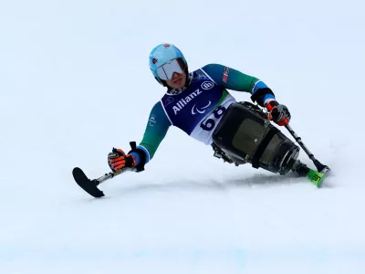 Milano Cortina 2026 Paralympics - Para Alpine Skiing - Men's Super-G Sitting - Tofane Alpine Skiing Centre, Belluno, Italy - March 09, 2026. Jernej Slivnik of Slovenia in action during the men's super-g sitting REUTERS/Lisi Niesner