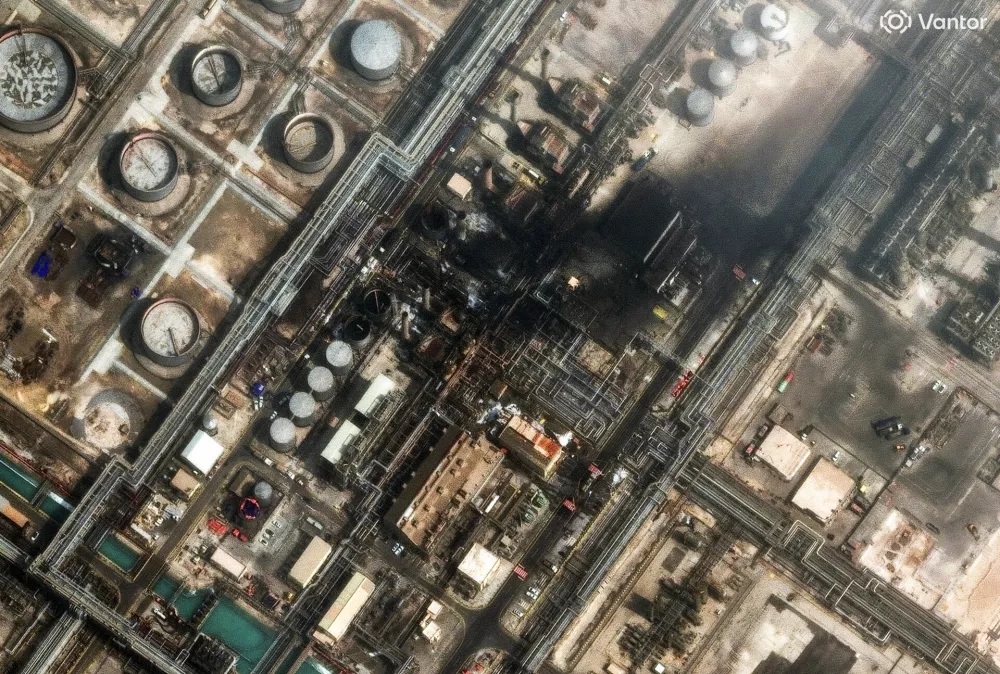 This satellite image provided by Vantor shows damage after a drone attack at Ras Tanura oil refinery, in Saudi Arabia, Monday, March 2, 2026. (Satellite image &copy;2026 Vantor via AP)