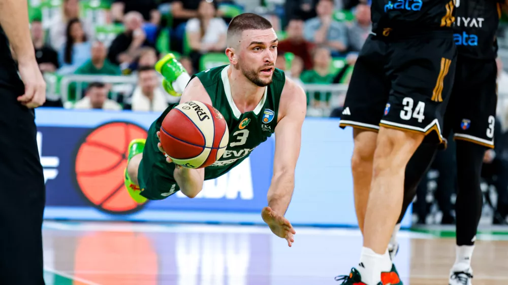Rok Radović in action during ABA League 2025/2026 basketball match between Cedevita Olimpija (SLO) and Dubai (UAE) in Stozice, Ljubljana, Slovenia on March 8, 2026