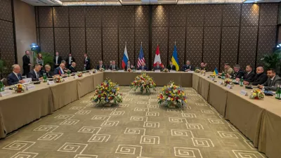 Delegations from Ukraine, Russia and the United States wait for the start of a meeting on the first day of the third round of trilateral talks, amid Russia's attack on Ukraine, in Geneva, Switzerland, February 17, 2026. Press service of the National Security and Defence Council of Ukraine/Handout via REUTERS ATTENTION EDITORS - THIS IMAGE HAS BEEN SUPPLIED BY A THIRD PARTY. NO ARCHIVES. NO RESALES