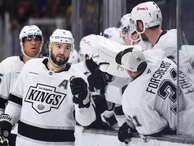 Mar 10, 2026; Boston, Massachusetts, USA; Los Angeles Kings defenseman Drew Doughty (8) celebrates his goal with his teammates during the third period against the Boston Bruins at TD Garden. Mandatory Credit: Bob DeChiara-Imagn Images