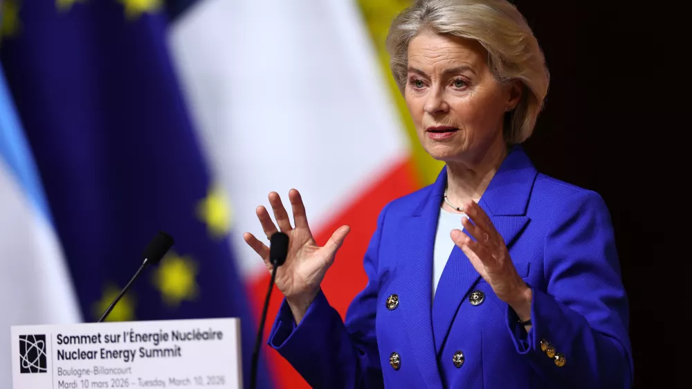 European Commission President Ursula von der Leyen speaks during the opening plenary session of the IAEA Nuclear Energy Summit in Paris, Tuesday, March 10, 2026. (Abdul Saboor/Pool Photo via AP)