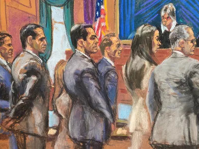 High-profile real estate agent brothers Alon Alexander, Oren Alexander and Tal Alexander stand with their legal team, including Marc Agnifilo, as the jury enters the court to deliver their verdict before Judge Valerie E. Caproni in New York City, U.S., March 9, 2026, in a courtroom sketch. REUTERS/Jane Rosenberg