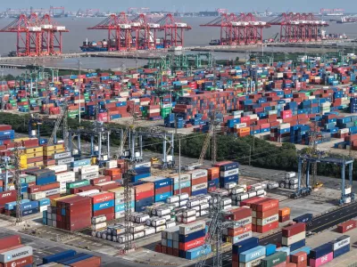 An aerial view of a container terminal in seen in Shanghai, Tuesday, March 10, 2026. (Chinatopix via AP)