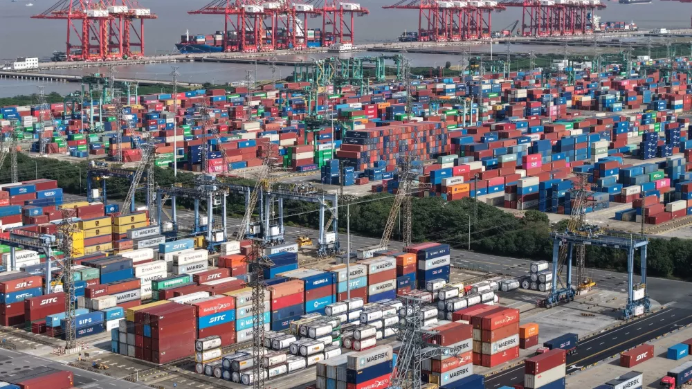 An aerial view of a container terminal in seen in Shanghai, Tuesday, March 10, 2026. (Chinatopix via AP)