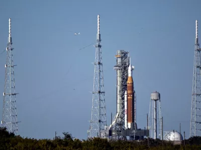 FILE PHOTO: The Space Launch System (SLS), with the Orion crew capsule, stands at launch complex 39B during the Wet Dress Rehearsal, a full-scale countdown and propellant load, for the Artemis II mission to the Moon at Kennedy Space Center in Cape Canaveral, Florida, U.S., February 2, 2026. REUTERS/Steve Nesius/File Photo
