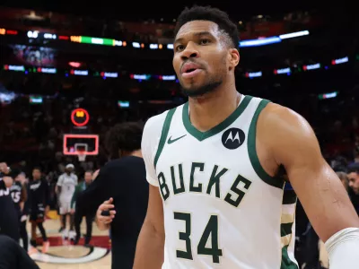 Mar 12, 2026; Miami, Florida, USA; Milwaukee Bucks forward Giannis Antetokounmpo (34) looks on after the game against the Miami Heat at Kaseya Center. Mandatory Credit: Sam Navarro-Imagn Images