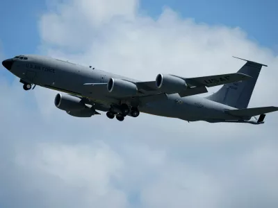 FILE - A U.S. Air Force KC-135 Stratotanker refueling tanker aircraft takes off from the Kadena Air Base airfield in Kadena town, west of Okinawa, southern Japan, Wednesday, Aug. 30, 2023. (AP Photo/Hiro Komae, File)