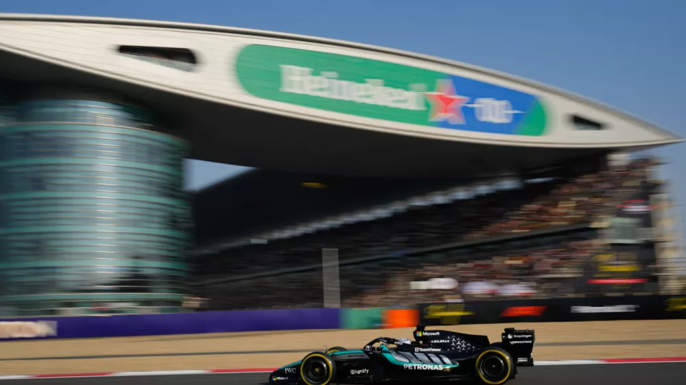 Mercedes driver George Russell of Britain steers his car during the sprint qualifying ahead of the Chinese Formula One Grand Prix race in Shanghai, China, Friday, March 13, 2026. (AP Photo/Vincent Thian)