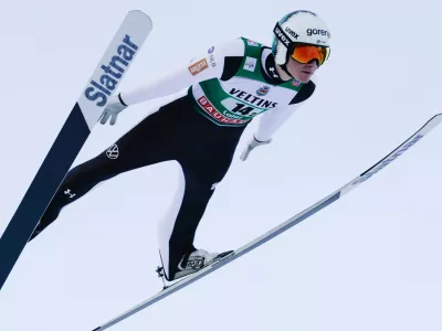 Domen Prevc of Slovenia competes during the Ski Jumping Men's HS130 Super Team at the FIS Nordic World Cup Lahti Ski Games in Lahti,, Finland, Sunday March 8, 2026. (Petri Korteniemi/Lehtikuva via AP)