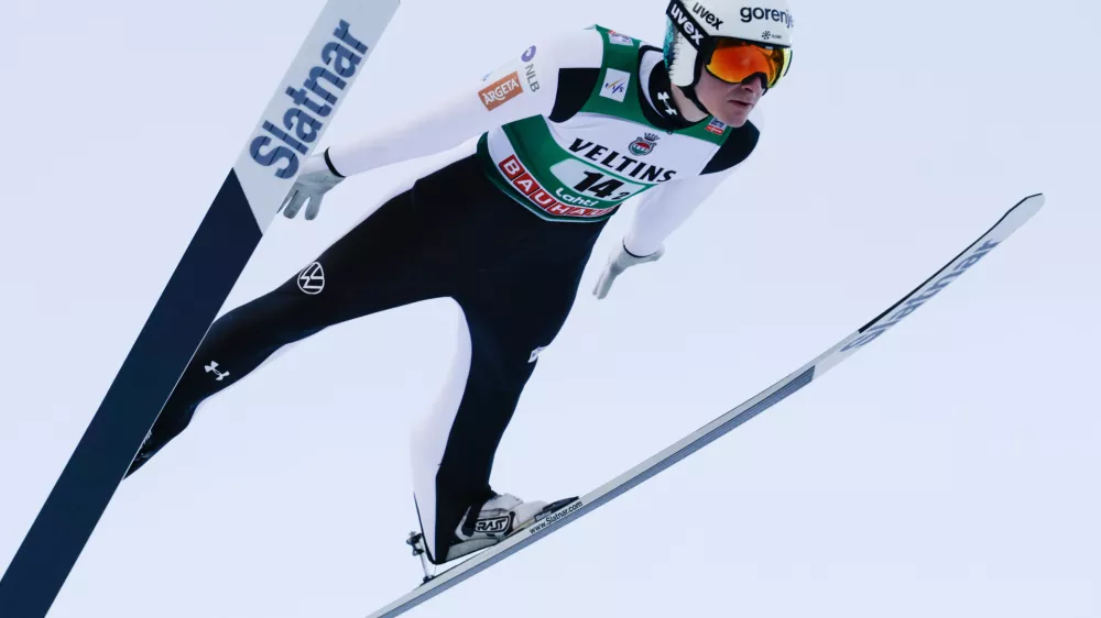 Domen Prevc of Slovenia competes during the Ski Jumping Men's HS130 Super Team at the FIS Nordic World Cup Lahti Ski Games in Lahti,, Finland, Sunday March 8, 2026. (Petri Korteniemi/Lehtikuva via AP)