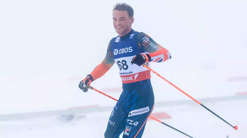 Britain's Gabriel Gledhill at the finish line under 50 km free cross-country skiing in the World Cup in Holmenkollen, Norway, Saturday March 14, 2026. (Christoffer Andersen/NTB via AP)