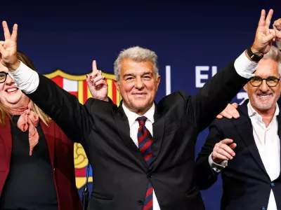 Soccer Football - FC Barcelona elections - Barcelona, Spain - March 16, 2026 Joan Laporta celebrates his victory after being re-elected as FC Barcelona president alongside his board members REUTERS/Albert Gea   TPX IMAGES OF THE DAY