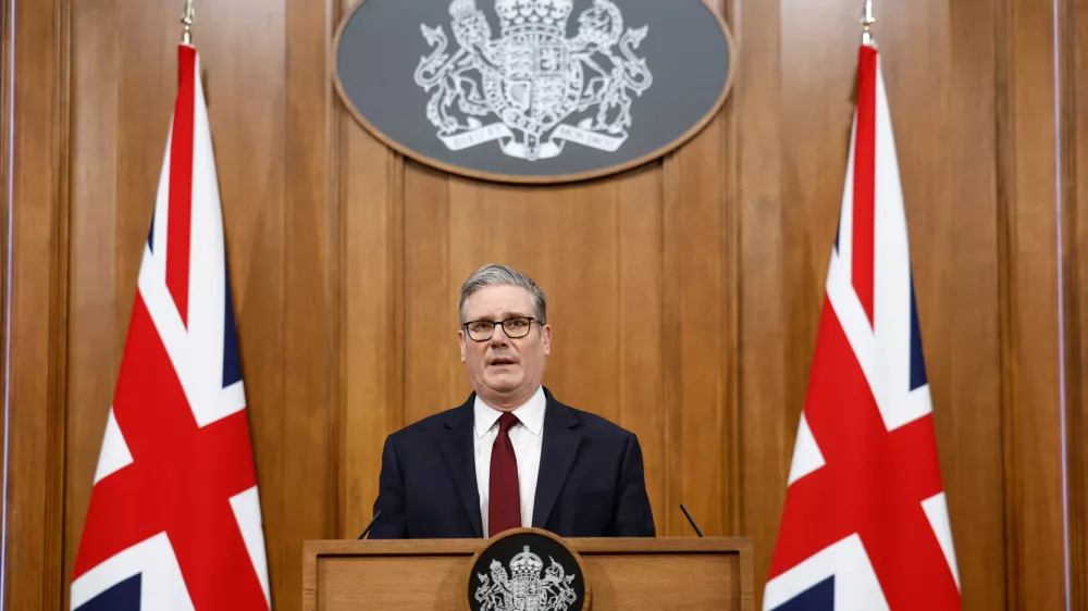 Britain's Prime Minister Keir Starmer speaks to the media at Downing Street, in London, March 16, 2026. (Brook Mitchell/Pool Photo via AP)