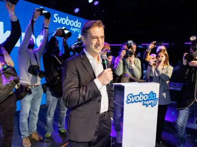 Ljubljana, Cvetlicarna.Volitve v drzavni zbor 2026.Stranka Gibanje Svoboda v pricakovanju rezultatov volitev v Cvetlicarni.Predsednik Gibanja Svoboda Robert Golob ob razglasitvi zmage na volitvah. / Foto: Nebojsa Tejic/sta