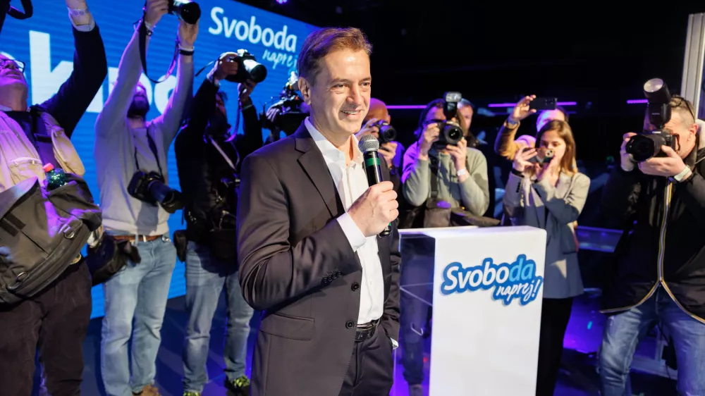 Ljubljana, Cvetlicarna.Volitve v drzavni zbor 2026.Stranka Gibanje Svoboda v pricakovanju rezultatov volitev v Cvetlicarni.Predsednik Gibanja Svoboda Robert Golob ob razglasitvi zmage na volitvah. / Foto: Nebojsa Tejic/sta