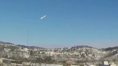 This image taken from video shows a suspected meteor falling through the sky in the greater Pittsburgh, Pa., area on Tuesday, March 17, 2026. (Jared Rackley via AP)
