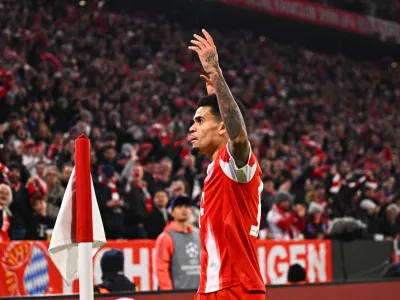 Bayern Munich's Luis D&iacute;az celebrates after a goal against Atalanta Bergamo, Wednesday, March 18, 2026, in Munich, Germany. (Tom Weller/dpa via AP)