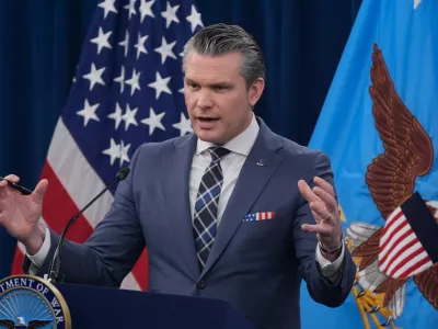 Defense Secretary Pete Hegseth speaks to members of the media during a press briefing at the Pentagon in Washington, Thursday, March 19, 2026. (AP Photo/Manuel Balce Ceneta)