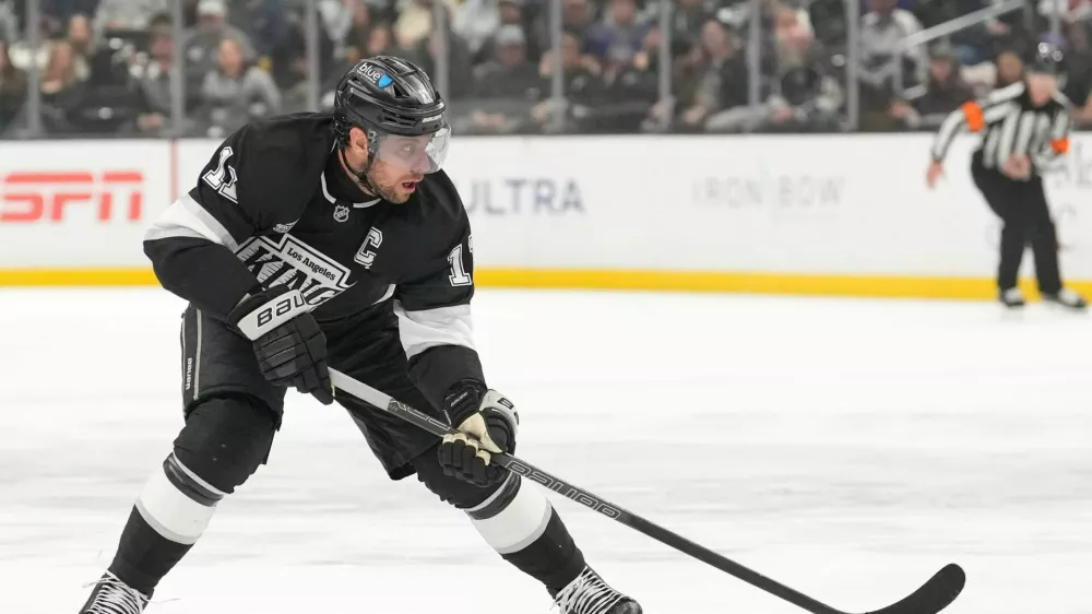 Los Angeles Kings center Anze Kopitar skates during the second period of an NHL hockey game against the New York Islanders, Thursday, March 5, 2026, in Los Angeles. (AP Photo/Mark J. Terrill)