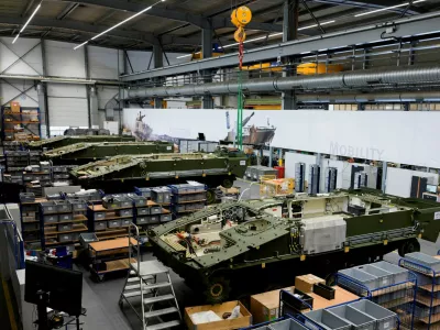 FILE PHOTO: Lynx fighting vehicles are pictured at a production line at the plant of German company Rheinmetall, which produces weapons and ammunition for tanks and artillery, during a media tour in Unterluess, Germany, June 6, 2023. REUTERS/Fabian Bimmer/File Photo