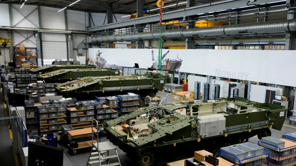 FILE PHOTO: Lynx fighting vehicles are pictured at a production line at the plant of German company Rheinmetall, which produces weapons and ammunition for tanks and artillery, during a media tour in Unterluess, Germany, June 6, 2023. REUTERS/Fabian Bimmer/File Photo