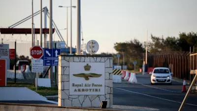 The entrance of RAF Akrotiri, a British sovereign base in Cyprus, which was hit by an unmanned drone overnight, causing limited damage, Cyprus March 2, 2026. REUTERS/Yiannis Kourtoglou