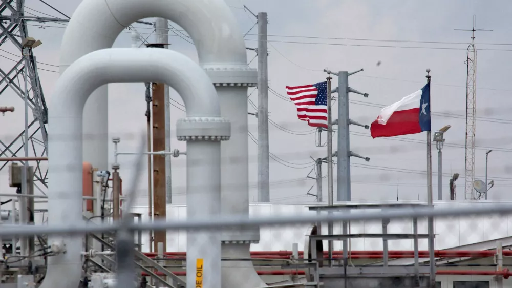 FILE PHOTO: A maze of crude oil pipe and equipment is seen with the American and Texas flags flying in the background during a tour by the Department of Energy at the Strategic Petroleum Reserve in Freeport, Texas, U.S. June 9, 2016. REUTERS/Richard Carson/File Photo