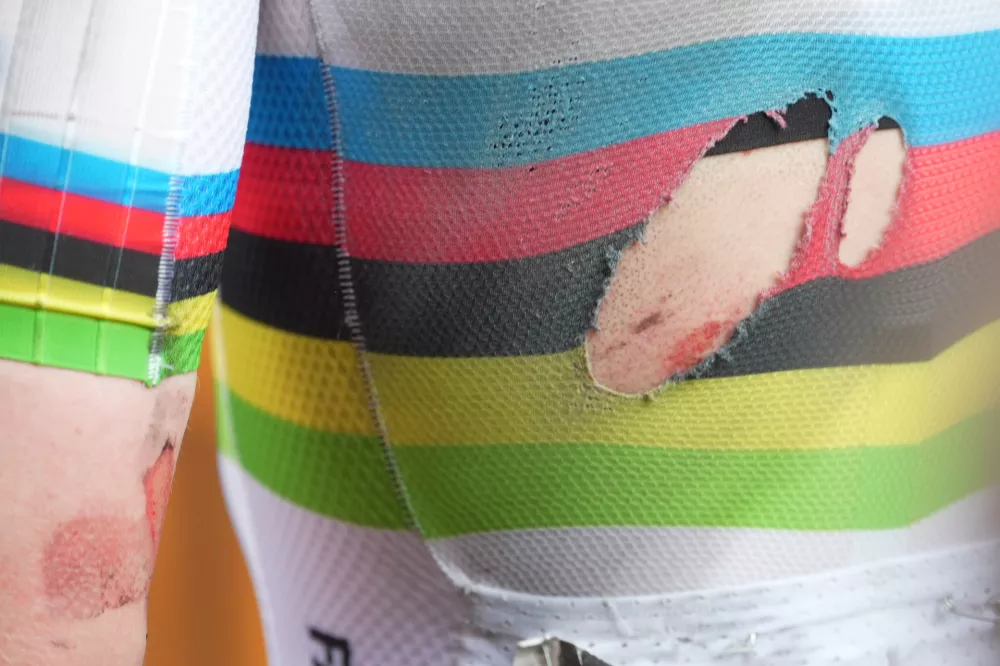 A detail on the jersey of Slovenia's Tadej Pogacar of UAE Team Emirates XRG after winning the men's elite race of the Milano-Sanremo one day cycling race (298 km) from Pavia to Sanremo, Italy, March 21, 2026. (Massimi Paolone/LaPresse via AP)