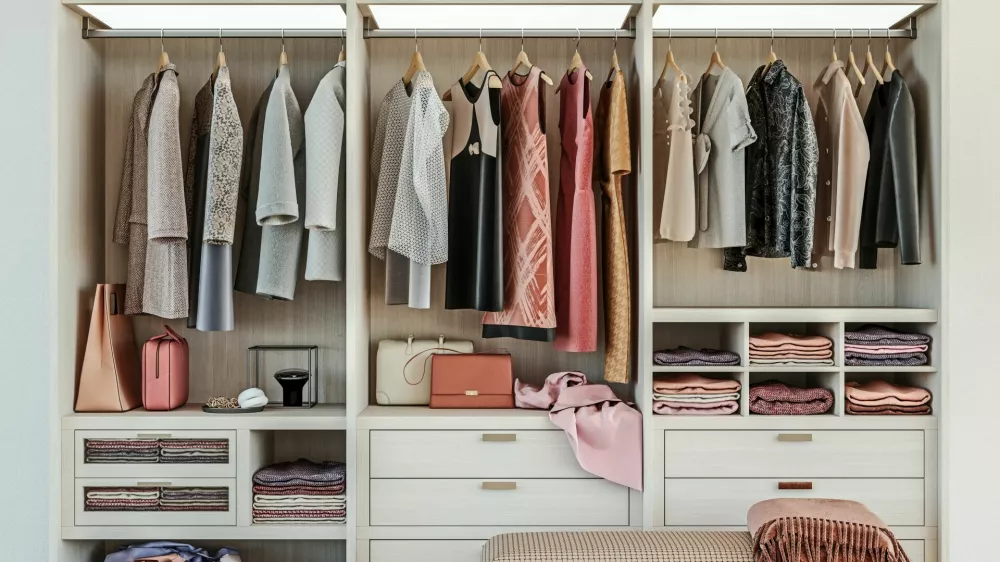 modern wooden wardrobe with women clothes hanging on rail in walk in closet design interior, 3d rendering