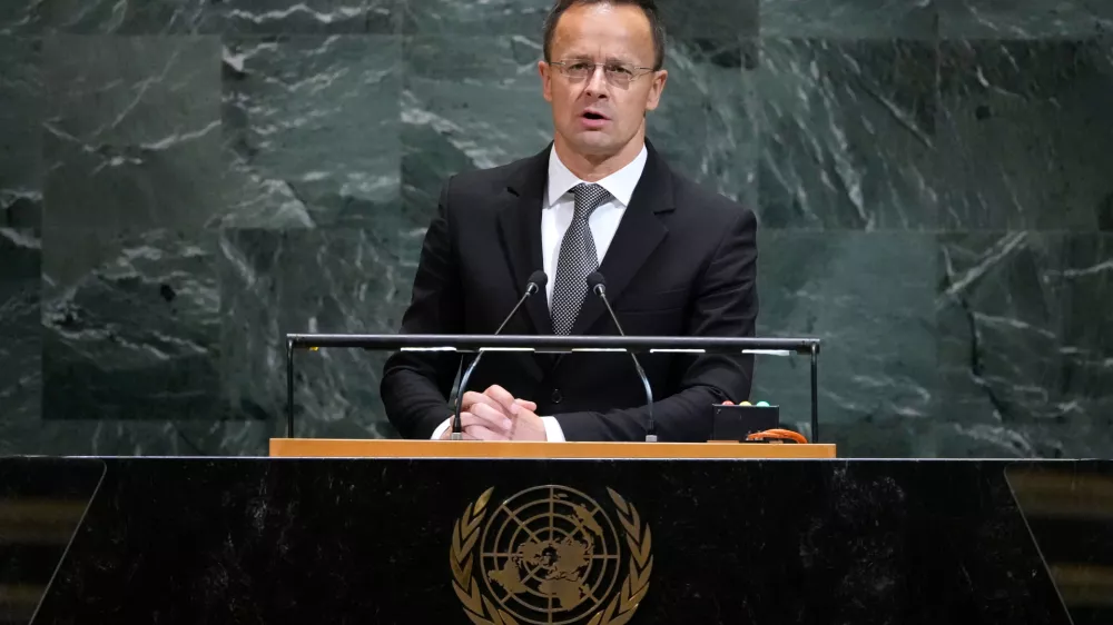 Minister for Foreign Affairs and Trade of Hungary P&eacute;ter Szijj&aacute;rt&oacute; addresses the 80th session of the United Nations General Assembly, Wednesday, Sept. 24, 2025, at U.N. headquarters. (AP Photo/Pamela Smith)