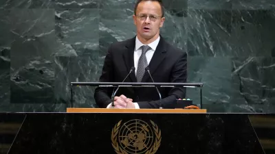 Minister for Foreign Affairs and Trade of Hungary Péter Szijjártó addresses the 80th session of the United Nations General Assembly, Wednesday, Sept. 24, 2025, at U.N. headquarters. (AP Photo/Pamela Smith)