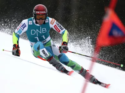 Slovenia's Zan Kranjec competes in an alpine ski, men's giant slalom race, at the Lillehammer World Cup Finals, in Hafjell, Norway, Tuesday, March 24, 2026. (AP Photo/Gabriele Facciotti)