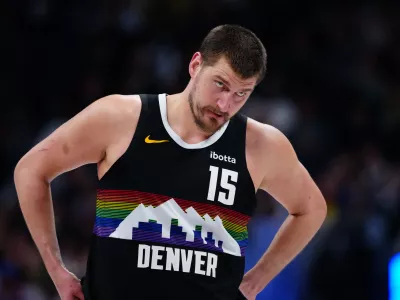 Mar 6, 2026; Denver, Colorado, USA; Denver Nuggets center Nikola Jokic (15) during the second quarter against the New York Knicks at Ball Arena. Mandatory Credit: Ron Chenoy-Imagn Images