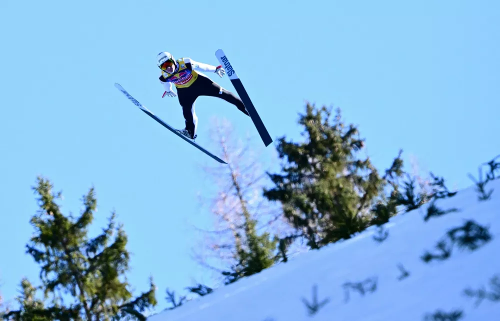 Ski Jumping - FIS Ski Jumping World Cup - Kulm, Tauplitz, Austria - February 27, 2026 Slovenia's Domen Prevc in action during the men's flying hill HS235 qualification REUTERS/Christian Bruna