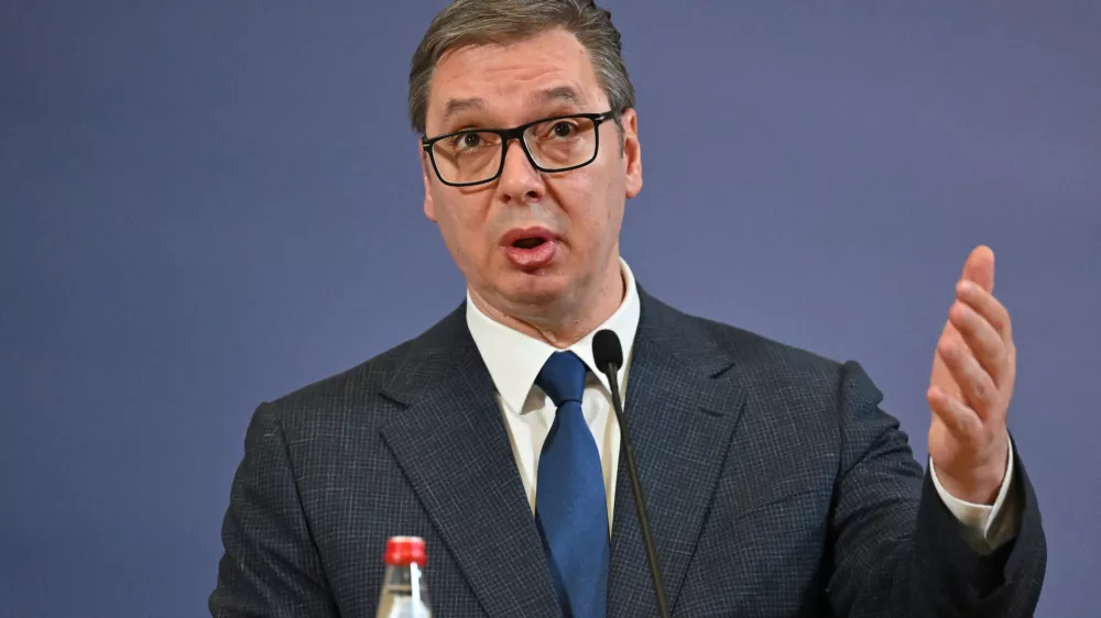 FILED - 07 February 2024, Serbia, Belgrad: Aleksandar Vucic, President of Serbia, speaks during a press conference in Berlin. Photo: Soeren Stache/dpa