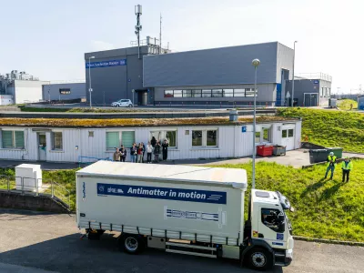 A truck carries the transportable antimatter trap during a road test at the European Organization for Nuclear Research (CERN), in Meyrin near Geneva, Switzerland, Tuesday, March 24, 2026. (Salvatore Di Nolfi/Keystone via AP)