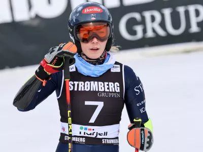 United States' Mikaela Shiffrin at the finish area of an alpine ski, women's giant slalom race, at the Lillehammer World Cup Finals, in Hafjell, Norway, Wednesday, March 25, 2026. (AP Photo/Marco Trovati)