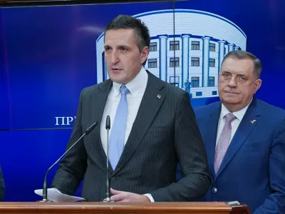 23.02.2024., Palata Republike, Banja Luka (BiH) - Konferencija za medije predsjednika Republike Srpske Milorada Dodika nakon posjete Rusiji i Bjelorusiji. Dodik je prije par dana boravio u Rusiji i Bjelorusiji gdje se sastao s predsjednicima Vladimirom Putinom, koji ga je i odlikovao, i Aleksandrom Lukasenkom. Dodik se medijima obratio s ostalim clanovima delegacije u sastavu Alen Seranic, ministar zdravlja i socijalne zastite RS, Savo Minic, ministar poljoprivrede, sumarstva i vodoprivrede RS, Nedeljko Elek, pocasni konzul Bjelorusije u BiH, Zeljko Budimir, ministar za naucnotehnoloski razvoj i visoko obrazovanje RS. Photo: Dejan Rakita/PIXSELL / Foto: Dejan Rakita/pixsell